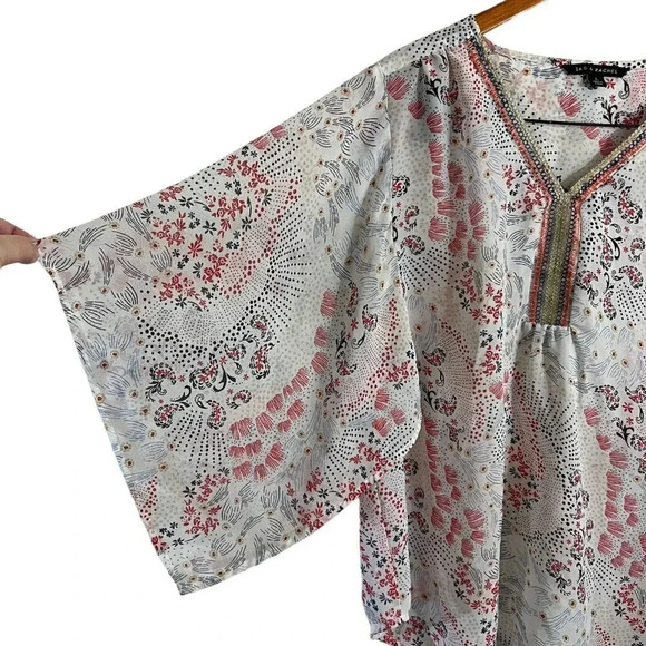 Zac & Rachel Sheer Flowy Blouse Size Large Metallic Embroidered V Neck Relaxed - Picture 3 of 5